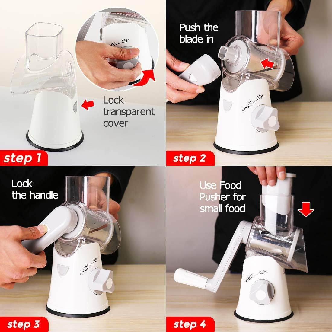 Rotary Cheese Grater with 3 Interchangeable Blades and Non-Slip Suction Base - Manual Vegetable Slicer and Nut Grinder with Included Brush Peeler - White