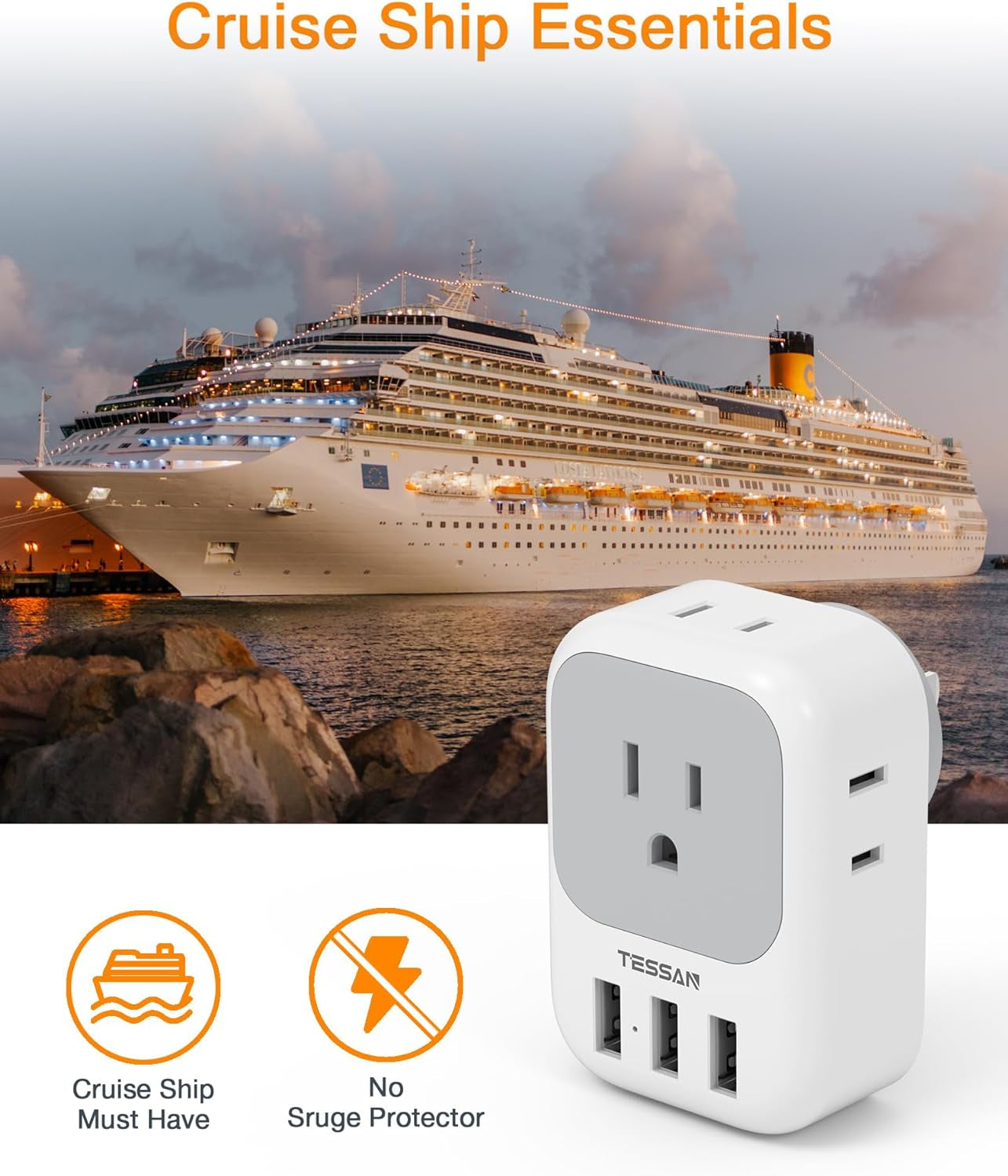 USB Charger Block with 4 Outlet Splitter and 3 USB Ports - Versatile Multi-Plug Adapter for Travel, Office, and Dorm Use