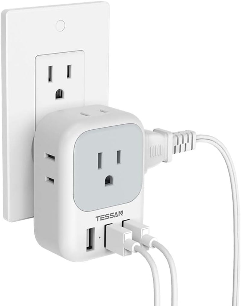 USB Charger Block with 4 Outlet Splitter and 3 USB Ports - Versatile Multi-Plug Adapter for Travel, Office, and Dorm Use