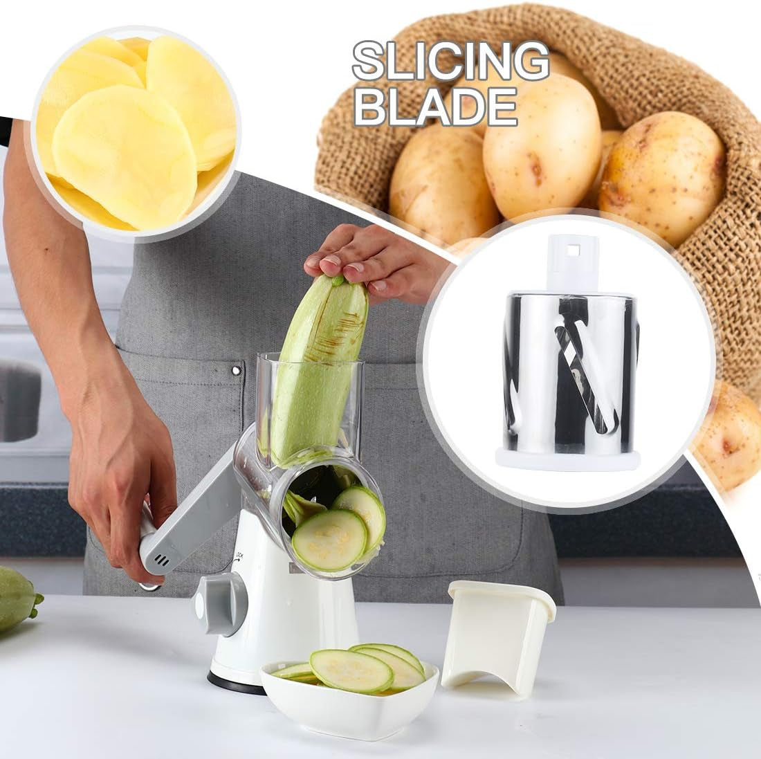 Rotary Cheese Grater with 3 Interchangeable Blades and Non-Slip Suction Base - Manual Vegetable Slicer and Nut Grinder with Included Brush Peeler - White