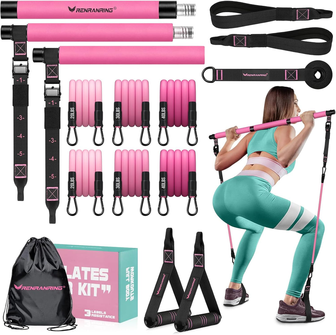 Pilates Bar Kit with Resistance Bands for Women & Men