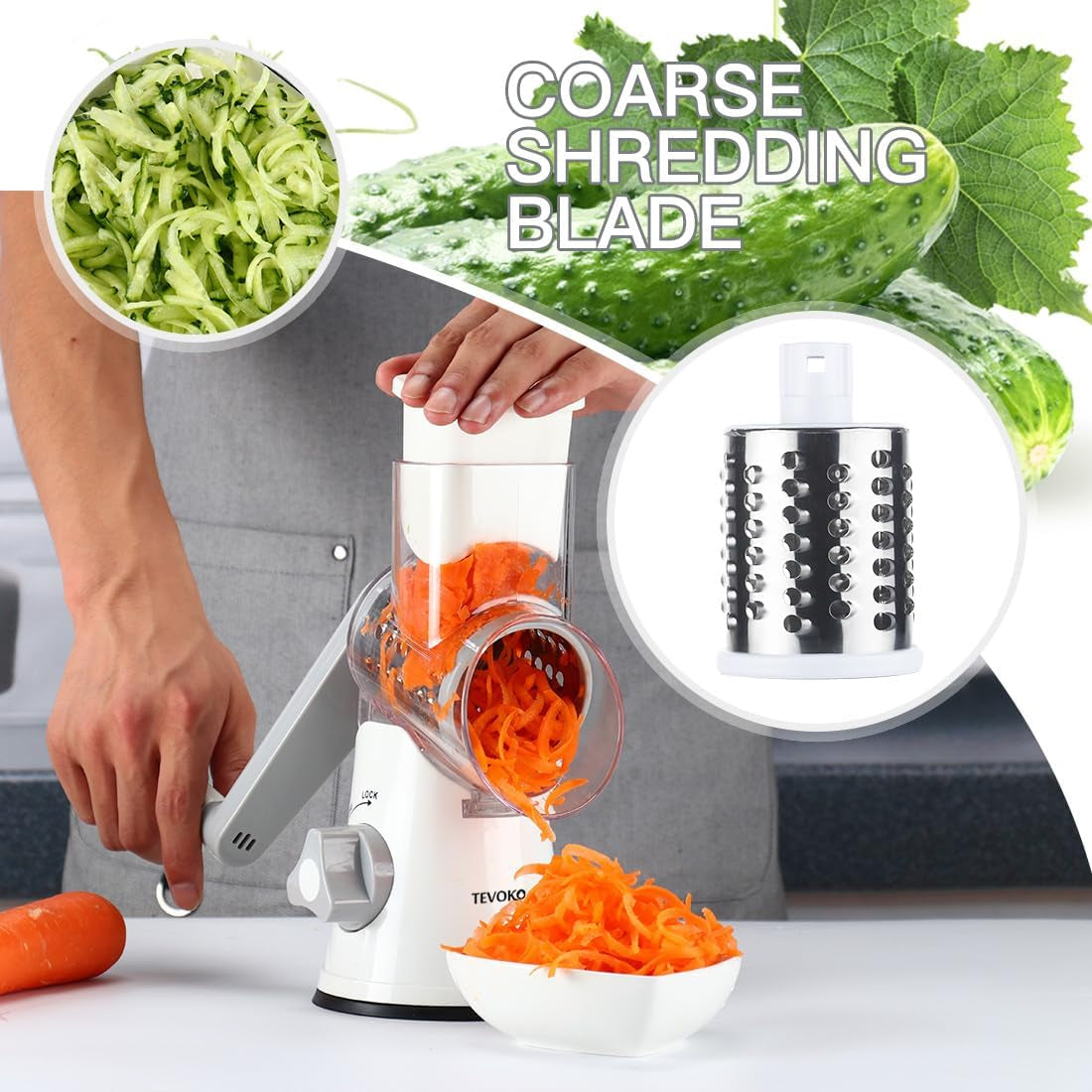 Rotary Cheese Grater with 3 Interchangeable Blades and Non-Slip Suction Base - Manual Vegetable Slicer and Nut Grinder with Included Brush Peeler - White