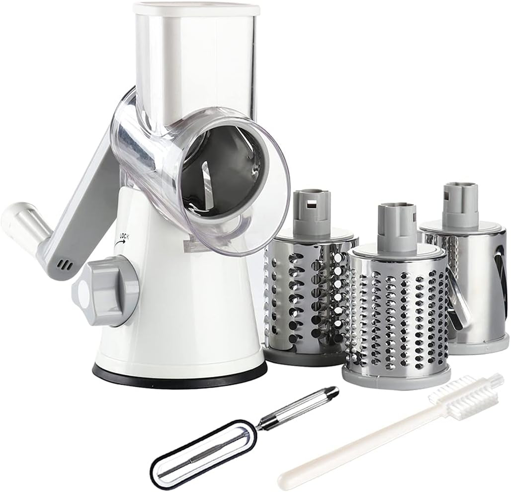 Rotary Cheese Grater with 3 Interchangeable Blades and Non-Slip Suction Base - Manual Vegetable Slicer and Nut Grinder with Included Brush Peeler - White