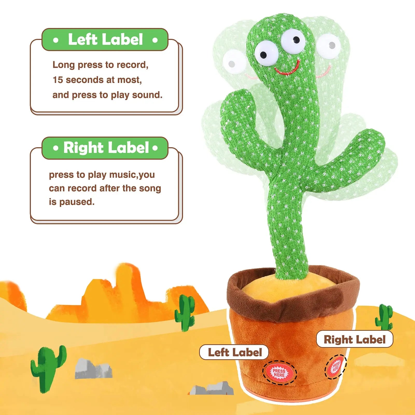 Kids Dancing Talking Cactus Toys Singing Mimicking Recording Repeating What You Say Cactus Plush Toy with 120 Song Dancing Smart