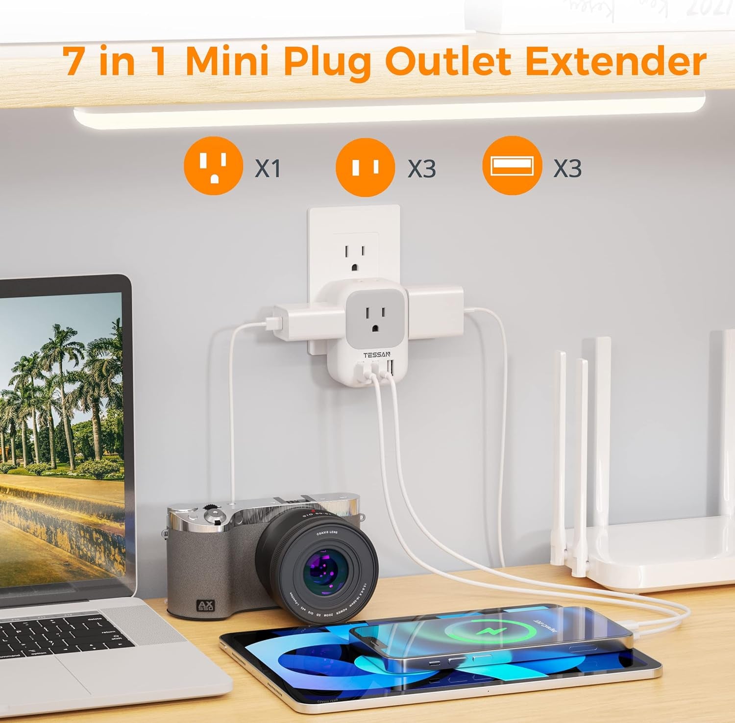 USB Charger Block with 4 Outlet Splitter and 3 USB Ports - Versatile Multi-Plug Adapter for Travel, Office, and Dorm Use